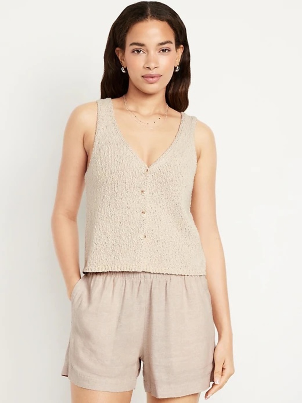 Old Navy Beige V-Neck Button Front Knit Tank